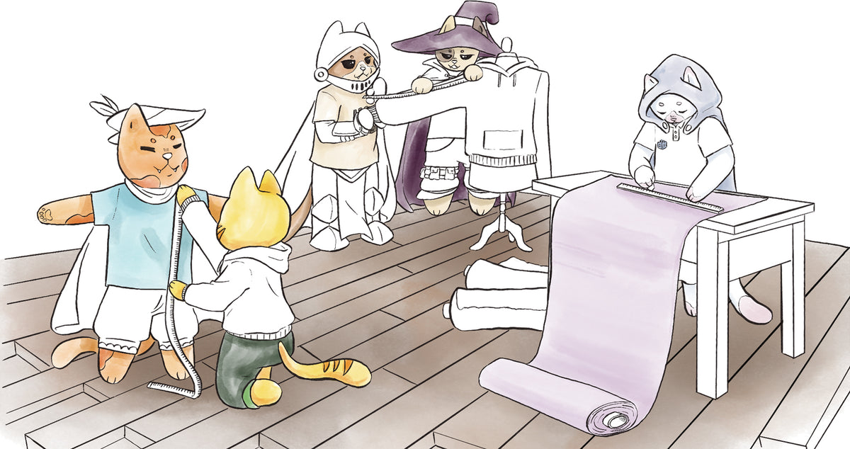 Original Gnostic Tower illustration: the team’s cat aliases measure garments and fabrics in the workshop.