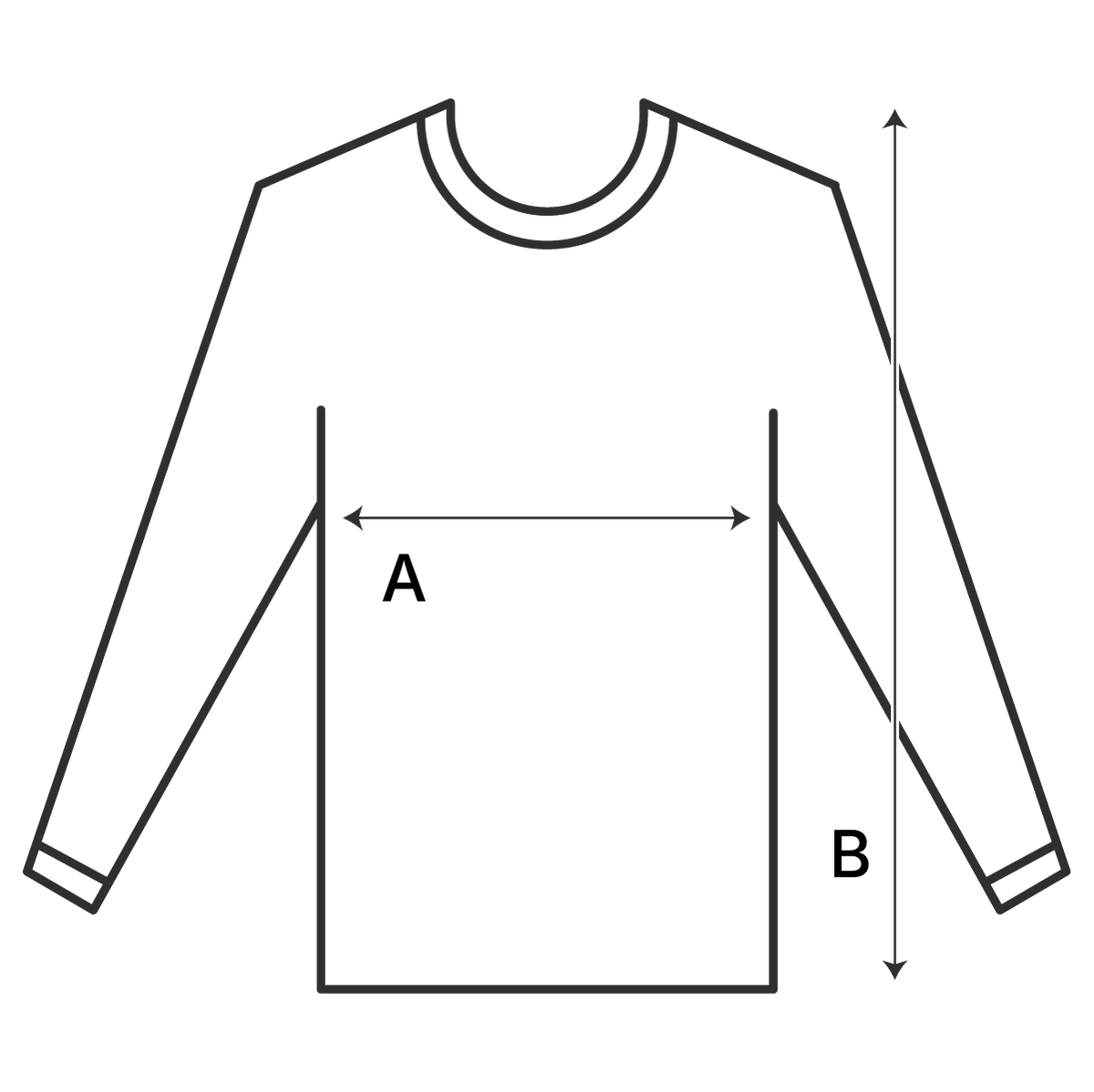 Hoodies and sweatshirt measurement diagram: A chest width, B garment length.