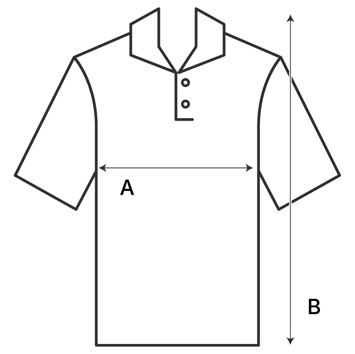 Polo shirt measurement diagram: A chest width, B garment length.