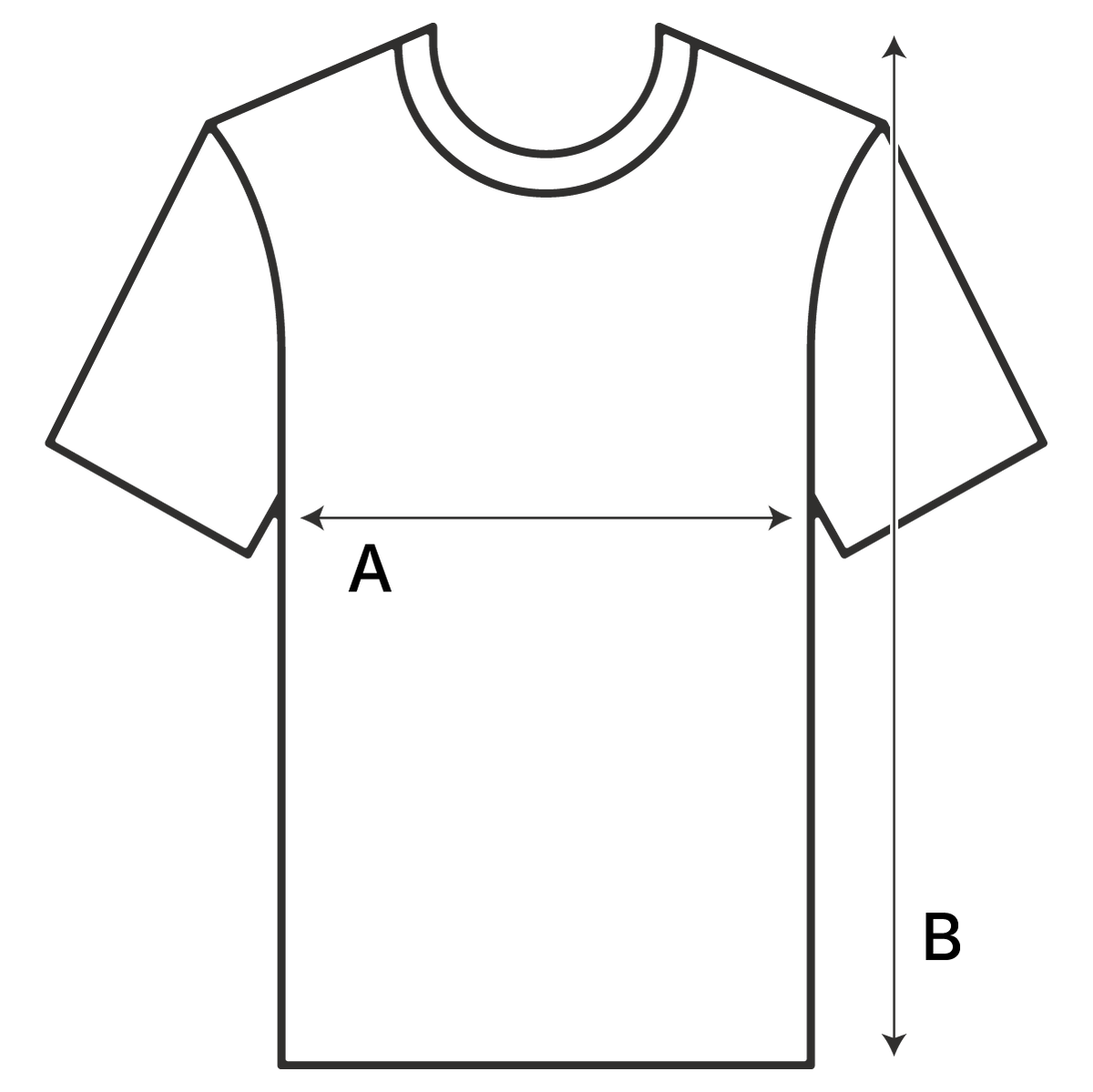 Unisex T-shirt size chart: A chest width, B garment length.